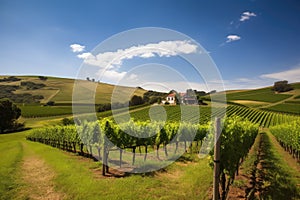 vineyard with rolling hills and blue sky, the ideal setting for a peaceful moment