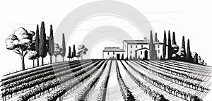 Vineyard with rows of grape vines and house. simple line drawing illustration style. Generative ai