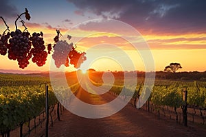 A vineyard with rows of grapevines in silhouette against a picturesque sunset.