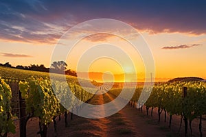 A vineyard with rows of grapevines in silhouette against a picturesque sunset.