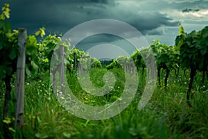 Vineyard rows under stormy skies ticking time before the rain