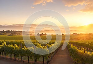 A vineyard at sunrise, the grapevines drenched in the soft, warm glow of the early morning.