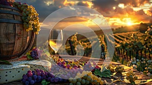 The vineyard sunset with wine. AI generated
