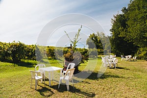 Vineyard, tables ready for a wine tasting, an authentic Italian wine country setting in Marche region