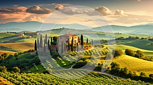 Vineyard in Tuscany, Italy. Rural landscape at sunset. Generative AI