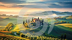 Vineyard in Tuscany, Italy. Rural landscape at sunset. Generative AI