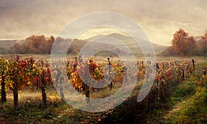 Vineyard vally in autumn landscape, digital illustration