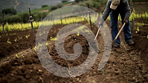 A vineyard worker carefully tills the soil between rows of gvines using natural and biodynamic ods to control weeds and photo