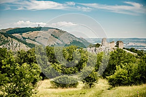 Vineyards, castle Devicky, Palava, Moravia region, Czech Republic. romantic ruin in Palava and Devin highest mountain of Pavlov Hi