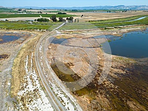 Vineyards and a slough from the air, Skaggs Island area