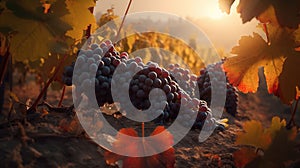 Vineyards at sunset in autumn harvest. Ripe grapes in fall, generative ai