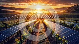 Vinicultural Vision: Solar Panels Grace Vineyard with Sustainable Promise, generative ai