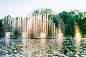 Vinnitsa, Ukraine. Fountains show with music and color. Fountains splashing on the river. Dancing fountains on a beautiful summer