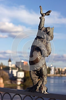 Vinnytsia, Ukraine - 14 October, 2020. Bronze sculpture of a cat with a butterfly on the Kiev bridge in Vinnitsa. Animal sculpture