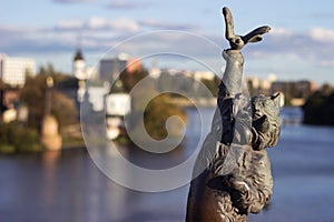 Vinnytsia, Ukraine -  14 October, 2020. Bronze sculpture of a cat with a butterfly on the Kiev bridge in Vinnitsa. Sculpture of an