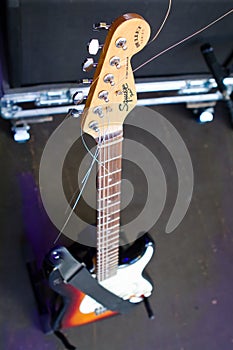 Vinnytsia, Ukraine - 09.20.2015: legendary Squier Fender Stratocaster Bullet series solo guitar