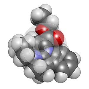 Vinpocetine molecule. 3D rendering.  Semisynthetic vinca alkaloid derivative, used as drug and as dietary supplement.  Atoms are