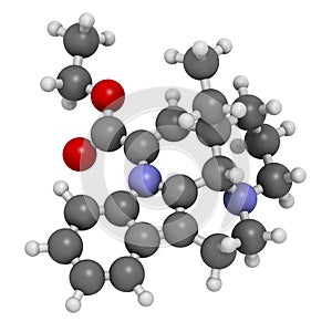 Vinpocetine molecule. 3D rendering.  Semisynthetic vinca alkaloid derivative, used as drug and as dietary supplement.  Atoms are