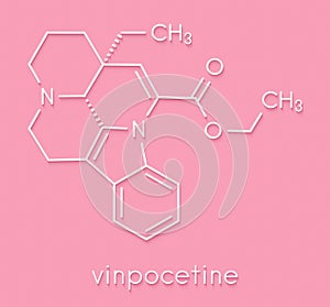 Vinpocetine molecule. Semisynthetic vinca alkaloid derivative, used as drug and as dietary supplement. Skeletal formula.