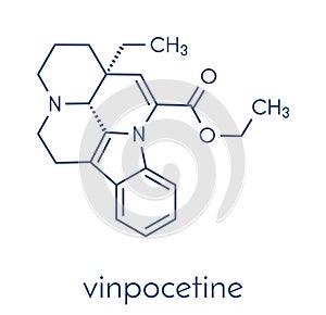 Vinpocetine molecule. Semisynthetic vinca alkaloid derivative, used as drug and as dietary supplement. Skeletal formula. photo
