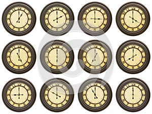 Vintage 12 wall clocks isolated clock white collage