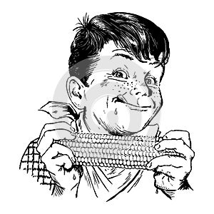 Vintage 1950s Boy Eating Corn