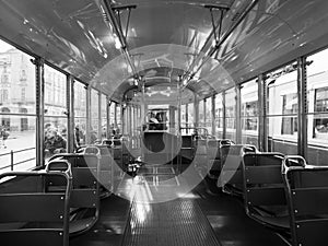 Vintage 312 tram at Turin Trolley Festival in black and white