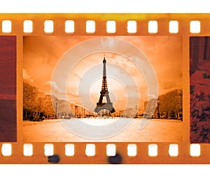 Vintage 35mm frame photo film with Eiffel Tower in Paris, Fr