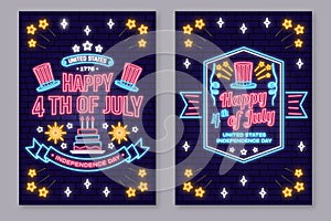 Vintage 4th of july design in retro style. Vector Fourth of July felicitation neon sign. Night bright signboard
