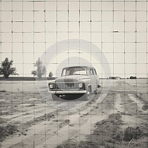 Vintage 4x4 Grid: Symmetrical Pointillist Landscape With Old Car