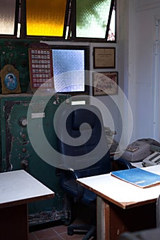 Vintage 50s Bank Office with Retro Calculation Equipment and banking Money Machine