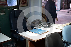 Vintage 50s Bank Office with Retro Calculation Equipment and banking Money Machine