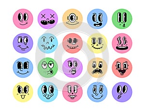 Vintage 50s cartoon and comic happy facial expressions. Old animation funny face caricatures. Retro quirky characters smile emoji