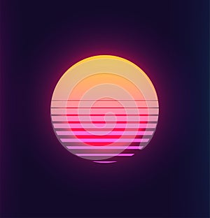 Vintage 80s colorful retro sunset. Vaporwave synthwave styled vector illustration of the sun. Template for poster space futuristic