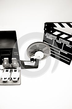 Vintage 8mm movie editing desktop in black and white