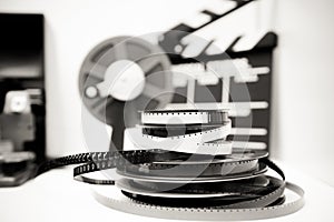 Vintage 8mm movie editing desktop in black and white