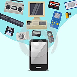 Vintage 90s technology multimedia and communication vector illustration. Nineties multimedia electronic entertainment