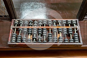 Vintage abacus for calculation on wooden background