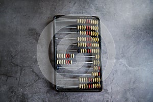 Vintage abacus close-up on a gray background. The concept of modern technologies in accounting