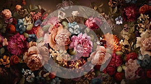 Vintage Abstract Floral Design on Wooden Surface, Warm Gold & Red Palette, Old Paper Background