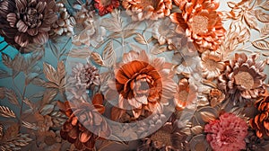 Vintage Abstract Floral Design on Wooden Surface, Warm Gold & Red Palette, Old Paper Background