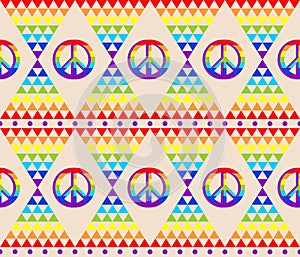 Vintage abstract seamless wallpaper with psychedelic triangle colorful pattern and hippie peace symbol