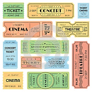 Vintage admitted cinema, music festival pass, train ticket. Isolated amusement admission tickets vector set