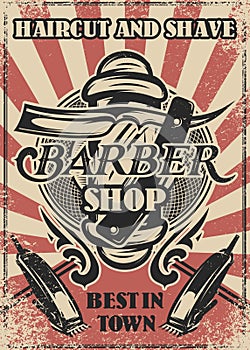 Vintage advertising poster for a barbershop. Template for design. Set of elements for design