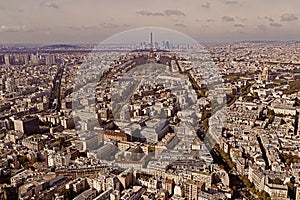 Vintage aerial view with Eiffel tower and La Defense district in