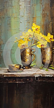 Vintage Aesthetic: Gold Mugs Holding Yellow Flowers - Decorative Oil Painting photo