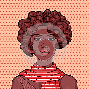 Vintage african american woman with brown afro hair and red striped scarf pop art comic illustration. Stylish romantic young afro