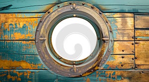 Vintage Aged Brass Ship Porthole Mounted on a Wooden Hull with a White Background. Generative AI