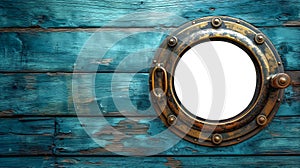 Vintage Aged Brass Ship Porthole Mounted on a Wooden Hull with a White Background. Generative AI