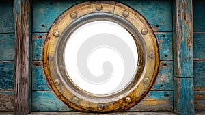 Vintage Aged Brass Ship Porthole Mounted on a Wooden Hull with a White Background. Generative AI